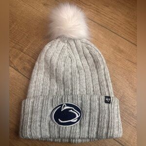 Gray Pom Beanie with Navy Penn State Patch